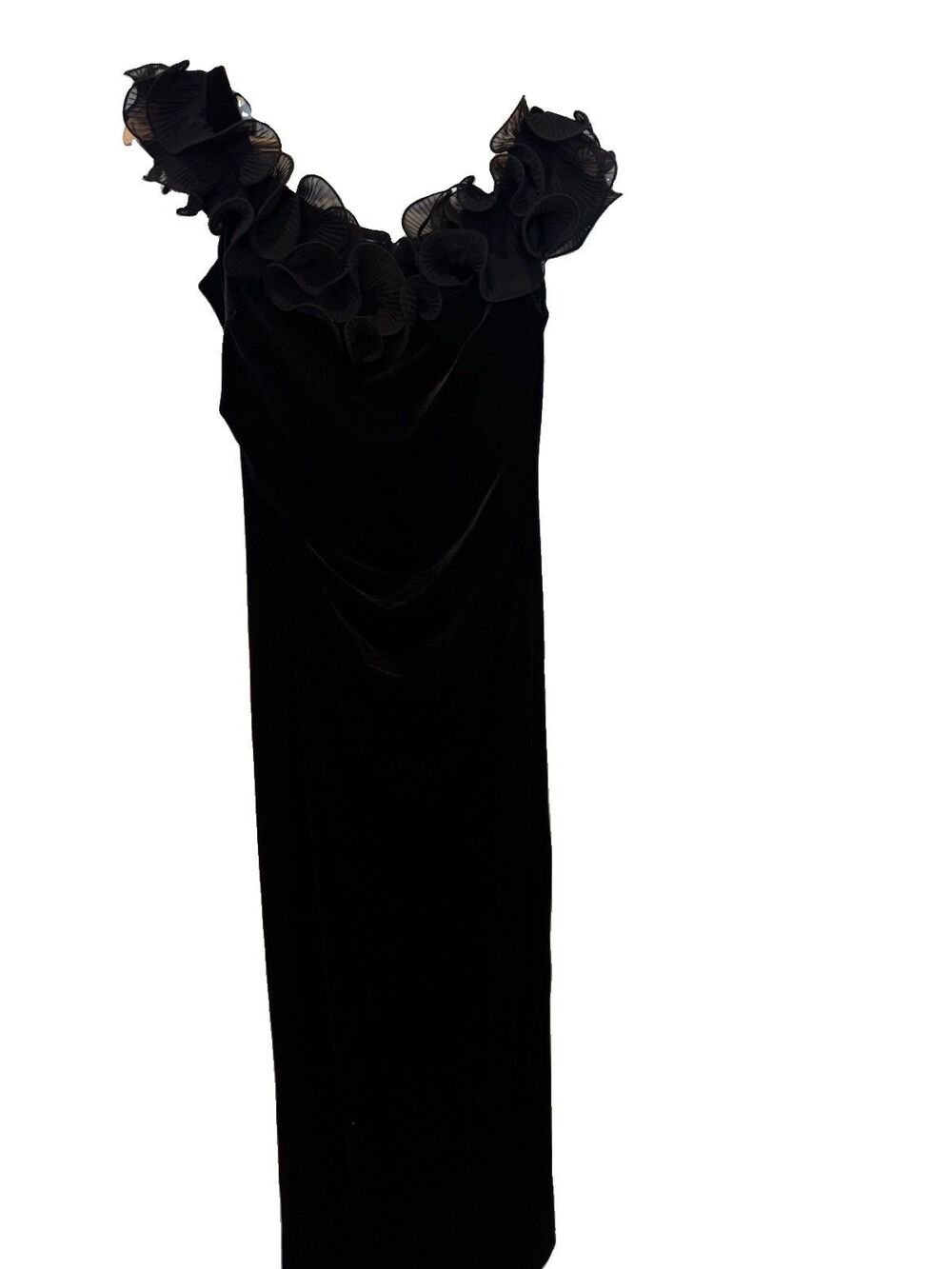 Xscape Black Floral Applique Ruffle Off the Shoulder Crepe Gown Size 10
